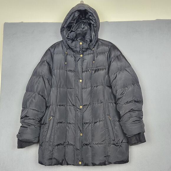 Lands' End Down Puffer Jacket Womens 2X Black Hooded Quilted Parka Warm Winter - Picture 1 of 16